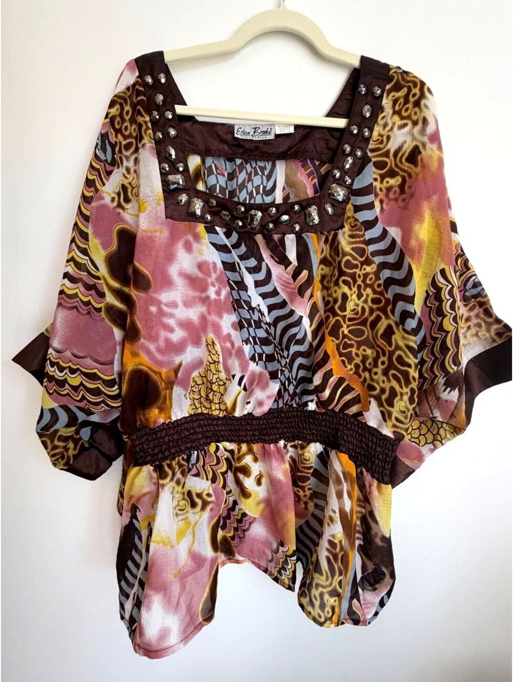 Erica Brooke Plus Size 24 Colorful Boho Sheer Fall Blouse Studded Neckline